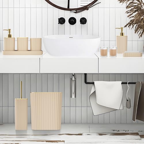 XLHOMO Bathroom Accessories Set - Gorgeous Bathroom Set, 10PC Beige Bathroom Accessory Set, Toilet Brush, Trash Can & Soap Dispenser - size: Bath Set, style: Beige&Gold