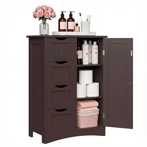 ZENY Bathroom Floor Storage Cabinet, Side Storage Organizer with 4 Drawers and 1 Cupboard, Adjustable Shelf Freestanding Entryway Storage Unit for Living Room/Bathroom (Brown) - color: Brown