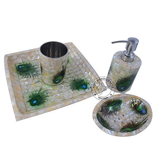 4-Piece Houseware Mother of Pearl & Steel Countertop Hand Liquid Soap/Lotion Dispenser - Toothbrush Holder - Soap Dish Sanitary – Tray | Home Decor Gift (Peacock Feather - White and Orange) - color: Peacock Feather - White and Orange
