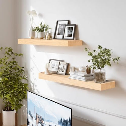 Solid Wood Floating Shelves, 24 Inch Wall Shelves, Set of 2, Wood | 8 Inch Deep, 1.6 Inch Thick, Extra-Wide Display Space, Mounting Hardware Included, For Kitchen, Bathroom and Living Room - color: Wood, size: 24x8x1.6