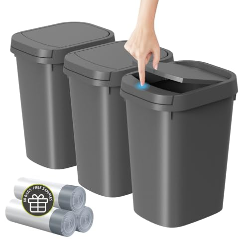 KSSKSS 3 Pack Bathroom Small Trash Can with Lid, 2.6 Gallon Slim Garbage Bin with Pop-Up Lid, 10L Plastic Wastebasket for Bedroom, Office, Kitchen, Toilet (Gray) - color: Gray-included Trash bags