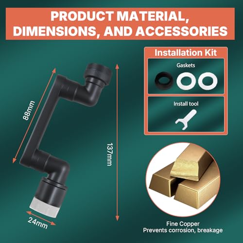 1440° Rotatable Faucet Extender - Universal Kitchen Sprayer, 2 Modes Splash Water Aerator, 1080°+360° Rotating Sink Faucet Aerator Extension, Swivel Faucet Adapter for Kitchen/Bathroom Black
