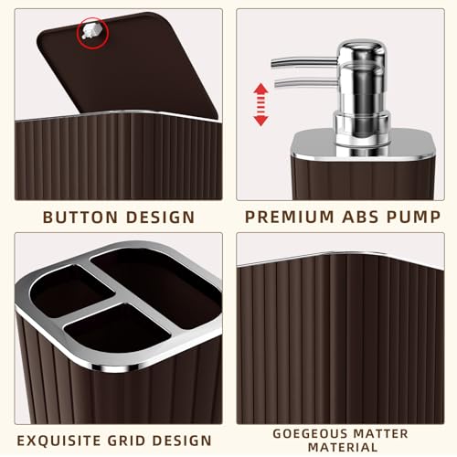 XLHOMO Bathroom Accessories Set - 25PC Brown Bathroom Sets with Shower Curtain and Rugs, Bathroom Accessory Set, Brown Shower Curtain Set, Trash Can, Qtip Holder Dispenser & Soap Dispenser - size: Bath Set+Shower Curtain+Rugs, style: Brown&Silver
