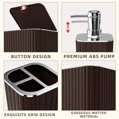 XLHOMO 26PC Bathroom Accessories Set - Gorgeous Brown Bathroom Set, Bathroom Accessory Set, Shower Curtain Set with Bathtub Mats for Shower Tub, Trash Can & Soap Dispenser - size: Bath Set+Bathtub Mat+Shower Curtain&Rugs, style: Brown&Silver