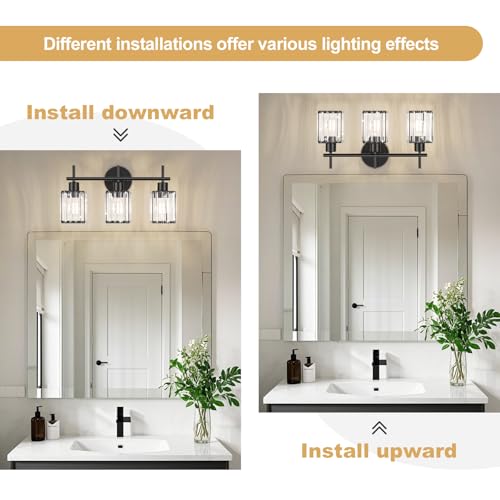 Black Bathroom Light Fixtures, Square, 3-Light | Vanity Lights with Crystal Shades, Modern Bathroom Lighting Fixtures over Mirror (Bulbs Not Included, E26) - color: Black (Square), size: 3-Light