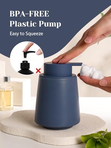 INGOFIN Ceramic Foaming Soap Dispenser -14 oz Foam Hand Soap Dispenser Bathroom, Modern Refillable Dish Wash Bottle for Kitchen with Large Pump, Matte Blue - color: Blue-foam