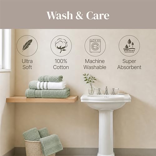 Modern Threads 6-Piece Towel Set – 100% Cotton, Quick Dry, Ultra Absorbent – Includes 2 Bath, 2 Hand, 2 Washcloths (White/Reinhart Sage) - color: Green, style: Classic Stripe