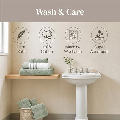 Modern Threads 6-Piece Towel Set – 100% Cotton, Quick Dry, Ultra Absorbent – Includes 2 Bath, 2 Hand, 2 Washcloths (White/Reinhart Sage) - color: Green, style: Classic Stripe
