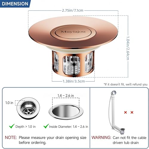 1.4"-2.6" Flip-Cover Bathtub Drain Stopper, 2 Strainers（1,Rose Gold） | Flush-fit tool-free drain hair catcher, no springs, rustproof. Press to seal/drain, stops puddles. Durable - color: Flip Rose Gold