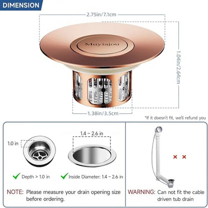 1.4"-2.6" Flip-Cover Bathtub Drain Stopper, 2 Strainers（1,Rose Gold） | Flush-fit tool-free drain hair catcher, no springs, rustproof. Press to seal/drain, stops puddles. Durable - color: Flip Rose Gold