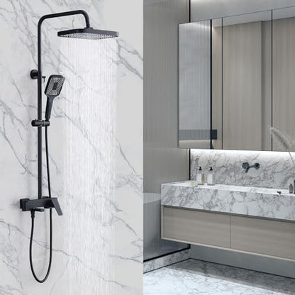 Shower Systems with 12 x8 Inches Rain Shower Head, Matte Black Exposed Pipe Shower System,3 Functions Tub Shower Faucet Sets,Overhead Shower System with Handheld - color: A- Matte Black with Square Shower Head