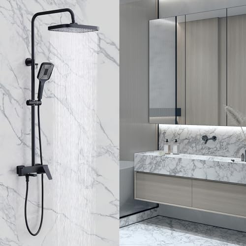 Shower Systems with 12 x8 Inches Rain Shower Head, Matte Black Exposed Pipe Shower System,3 Functions Tub Shower Faucet Sets,Overhead Shower System with Handheld - color: A- Matte Black with Square Shower Head
