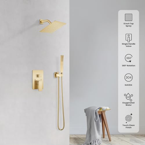 gotonovo Rainfall Bathroom Shower System Rain Shower Head and Handle Set Wall Mounted Shower Complete Combo Solid Brass Pressure Balancing Shower Mixer Valve 8 Inch Brushed Gold - color: Brushed Gold, size: 8 Inch