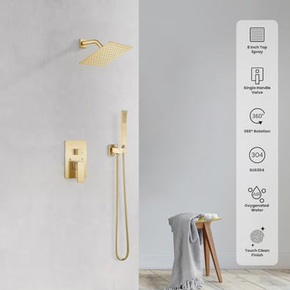 gotonovo Rainfall Bathroom Shower System Rain Shower Head and Handle Set Wall Mounted Shower Complete Combo Solid Brass Pressure Balancing Shower Mixer Valve 8 Inch Brushed Gold - color: Brushed Gold, size: 8 Inch
