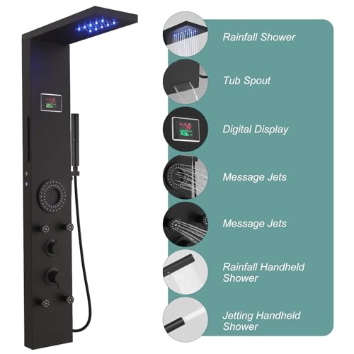 Hoimpro Matte Black LED Shower Panel Tower System,2 In 1Function Shower Panel Light Rainfall Waterfall Shower Rain Massage System with Body Jets Handheld Shower Sprayer, Stainless Steel, Wall Mount - color: Matte Black