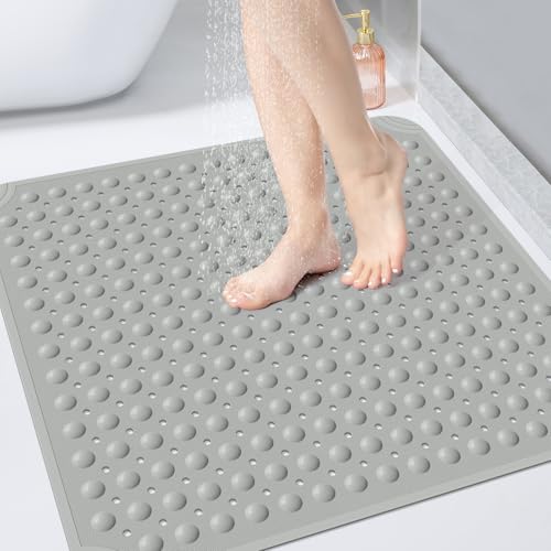 OTHWAY Square Shower Mat 32x32, TPE Non-Slip Shower Mats with Drain Holes and Suction Cups, Walk-in Mat for Inside Shower Stall, Anti-Slip for Elderly (Dark Grey) - color: Dark Grey, size: 32" x 32" (Square)