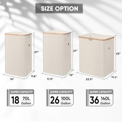 BALEINE Laundry Hamper with Lid, Tall Laundry Baskets with Bamboo Pull Handles, Large Laundry Bin with Internal Support (36 Gal/140L, Beige) - color: Beige, size: 140 liters