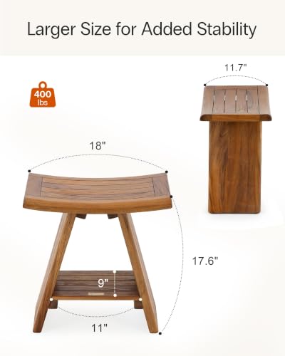 StrongTek Teak Shower Stool with Shelf, 18 in, Curved Seat, 400 lb Capacity | Quick-Dry Slats, Water-Resistant Surface, Solid Construction, Easy-Access Shelf, Shower, Bathtub and Bathroom Use
