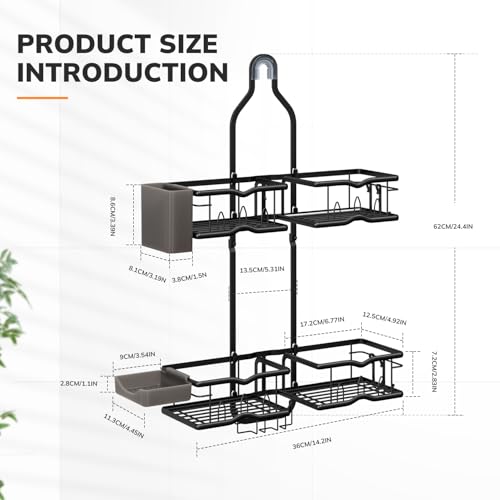 Heavy-Duty Shower Caddy Hanging for Handheld Showerhead, 2-Tier Adjustable Height Bathroom Organizer with 10 Hooks & Soap Holder, Rustproof Carbon Steel Anti-Swing Shower Shelves, Black