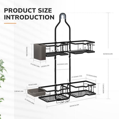 Heavy-Duty Shower Caddy Hanging for Handheld Showerhead, 2-Tier Adjustable Height Bathroom Organizer with 10 Hooks & Soap Holder, Rustproof Carbon Steel Anti-Swing Shower Shelves, Black