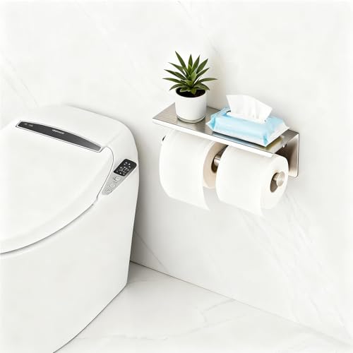 Toilet Paper Holder, NEWRAIN Double Bathroom Toilet Paper Roll Holder with Shelf, Stainless Steel Wall Mounted RV Tissue Roll Holder, Brushed Nickel Commercial Farmhouse Toilet Paper Dispenser - color: Brushed Nickel, style: Double