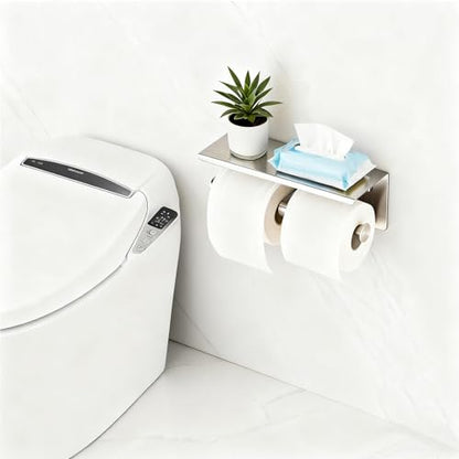 Toilet Paper Holder, NEWRAIN Double Bathroom Toilet Paper Roll Holder with Shelf, Stainless Steel Wall Mounted RV Tissue Roll Holder, Brushed Nickel Commercial Farmhouse Toilet Paper Dispenser - color: Brushed Nickel, style: Double