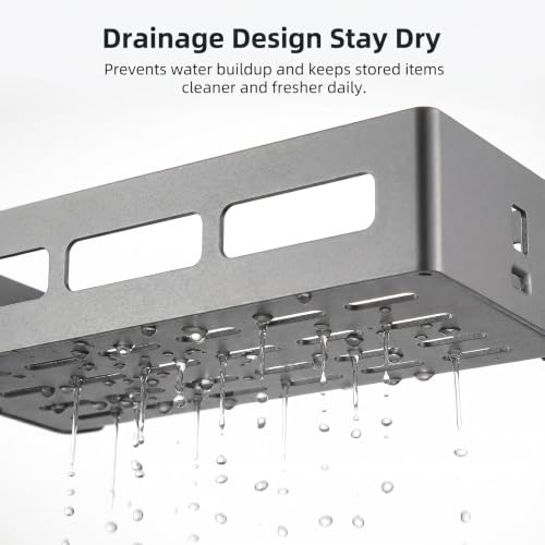 Carbon Steel Shower Caddy and Gray Shower Shelf Storage Rack | Adhesive Stick-On No-Drilling with Towel Bar&Hooks, Removable, Inside Shower, also works as Shower Organizer, Bathroom Shelf