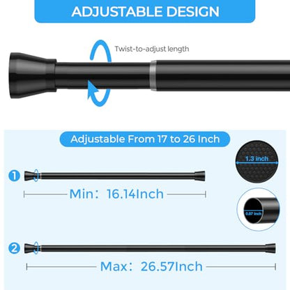 2PCS Tension Curtain Rod 16-26 Inch Adjustable No Drilling, Black | Rust-Resistant, No Slip, Small Spring Loaded Curtain Rods for Window, Kitchen, Closet, Cupboard, Bookshelf & DIY Projects - color: Black, size: 16" to 26"-2Pcs