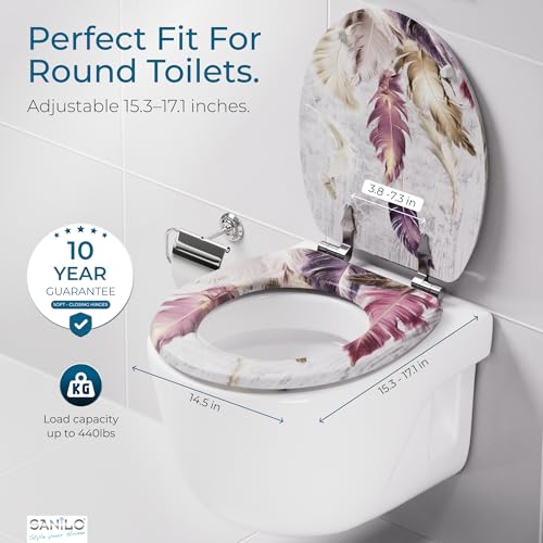SANILO Wooden Toilet Seat with Soft Close [ROUND] - Decorative, Quiet & Slow Close Molded Wood Seat - With Strong Bumpers & Hinges - Adjustable Fit – Feathers - color: Feathers