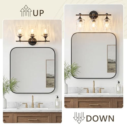 3-Light Bathroom Vanity Light Fixture Over Mirror, Matte Black | Clear Hammered Glass Shades, Beaded Crossbar Frame, Rippled Glow, Wall Mount Up or Down, E26 Socket, Hardwired, 120V - color: Matte Black