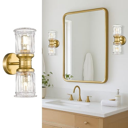 Gold Wall Sconces, HWH Single Wall Vanity Light Fixture for Bathroom Living Room Bedroom, Bathroom Wall Sconces with Bell-Shaped Clear Glass, Gold Finish, 5HZG106B-2W BG - color: Brushed Gold, size: 2-Light
