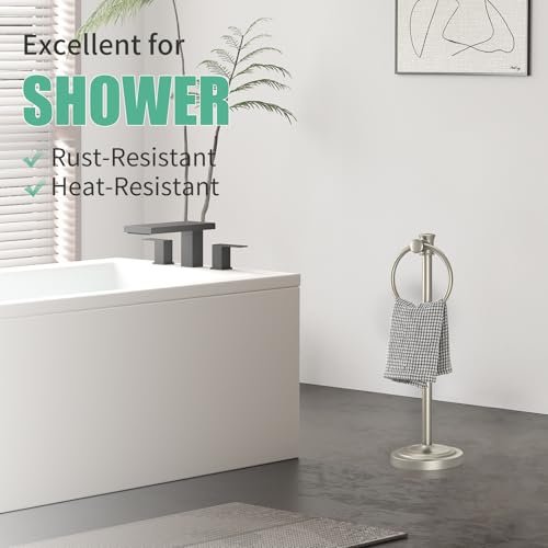 Hoimpro Hand Towel Holder Free Standing Towel Bar Brushed Nickel | Hanging Floor Hand Towel Rack Ring, for Bathroom Kitchen Vanity Countertops, Hardware Accessories SUS 304 Heavy-Duty Base - color: Nickel