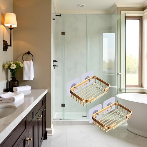 2Pcs Gold Soap Dish for Shower Creative Hanging Drain Rack,Self Adhesive Soap Dish Holder,Soap Holder Soap Dish Storage Rack,Damage Free Hanging Bathroom Drill Free Bathroom Accessories Soap Dishes