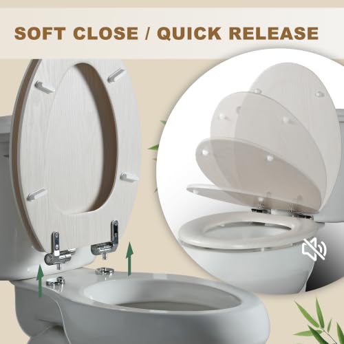 Angel Shield Elongated Wooden White Toilet Seat Quiet Close 18.5" | Quick Release Metal Hinges, Adjustable Fit for Standard Elongated Toilets, Easy to Install&Clean - color: White Wood, size: Elongated