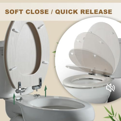 Angel Shield Elongated Wooden White Toilet Seat Quiet Close 18.5" | Quick Release Metal Hinges, Adjustable Fit for Standard Elongated Toilets, Easy to Install&Clean - color: White Wood, size: Elongated