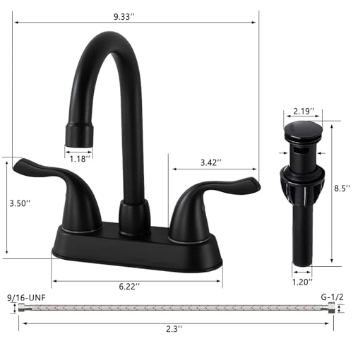 HOTIS Matte Black 4-Inch Centerset Bathroom Faucet, 2-Handle 3-Hole Sink Faucet with Pop-up Drain & Supply Lines, HT-BF201 - color: Matte Black