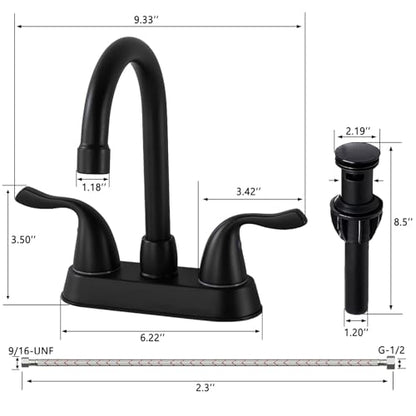 HOTIS Matte Black 4-Inch Centerset Bathroom Faucet, 2-Handle 3-Hole Sink Faucet with Pop-up Drain & Supply Lines, HT-BF201 - color: Matte Black