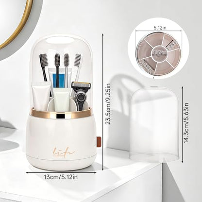 360 Rotating Toothbrush Holders for Bathrooms, 7-Slot Toothbrush Holder with Cover & Drainage, Bathroom Countertop Organizer for Electric Toothbrushes, Toothpaste & Makeup Brushes - color: Beige