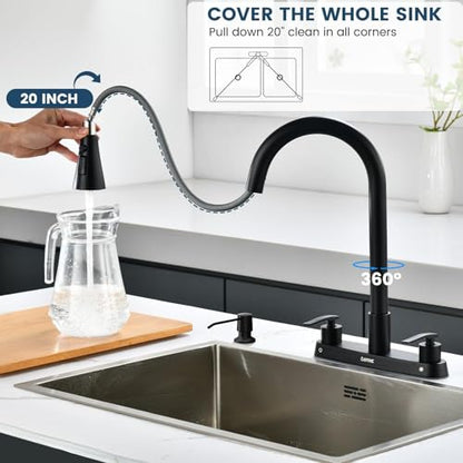 DAYONE Black 2 Handle Kitchen Faucet with Sprayer, 4 Holes Pull Down Faucets for Kitchen Sink with Soap Dispenser Stainless Steel - color: Matte Black, style: 4 Holes Pull Down