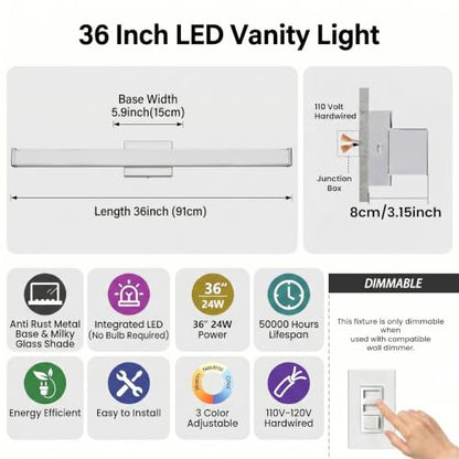 URSOLA 36" Modern LED Bathroom Light Fixtures, Chrome 3CCT Dimmable Bathroom Vanity Light Over Mirror, Bathroom Vanity Bath Bar Lights with Double Layer Acrylic Shade - color: Chrome, size: 36inch