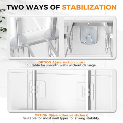 Adjustable Aluminum Shower Caddy Hanging for Handheld Showerhead, Silver | Rustproof Aluminum, Shower Organizer, Anti-Slip, Quick-Drain Shelf, 40lbs Capacity, Suction Cups, 8 Hooks, Razor Soap Holders - color: Silver