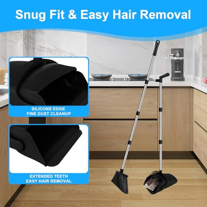Broom and Dustpan Combo Set, 51" Long Handle with Squeegee | Black Complete Cleaning Kit, Floor Squeegee for Wet & Dry Messes, Built-in Comb Dustpan for Home & Pet Areas - color: Black
