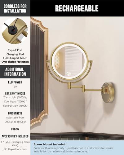 10" Lighted Wall Mounted Makeup Mirror Swing Arm with 5X Magnification | Rechargeable, 3-Color Touch Sensor Dimmable, Double-Sided Bathroom Makeup Magnifying Vanity Extendable, Brushed Antique Brass - color: Brushed Antique Brass
