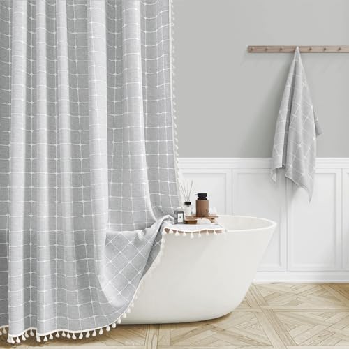 48x72 Boho Farmhouse Linen Heavy Duty Shower Curtain Set, Gray/Grey | Stall Size, 330GSM Linen Blend, 3-side Tassels, Water Repellent Fabric, 8 Plastic Hooks, Rustic Bohemian, Machine Washable - color: Grey, size: 48"W x 72"L (Pack of 1)