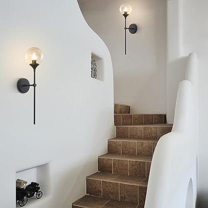 KCO Lighting Mid Century Modern 1-Light Wall Sconce Lighting Set of Two Matte Black Globe Vanity Wall Light Fixture Set of 2 Amber Glass Bathroom Wall Lamp Industrial Long Pole Wall Sconce - color: Black+Amber