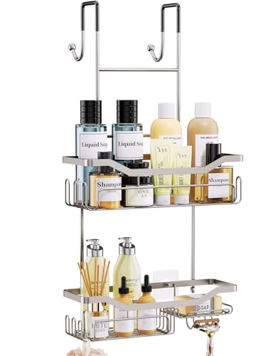 HapiRm Hanging Shower Caddy Over the Door with Soap Holder, No Drilling Adhesive Shower Organizer with 11 Hooks, Rustproof & Waterproof 304 Stainless Steel Bathroom Shelves - Brushed Nickel - color: Brushed Nickel-2