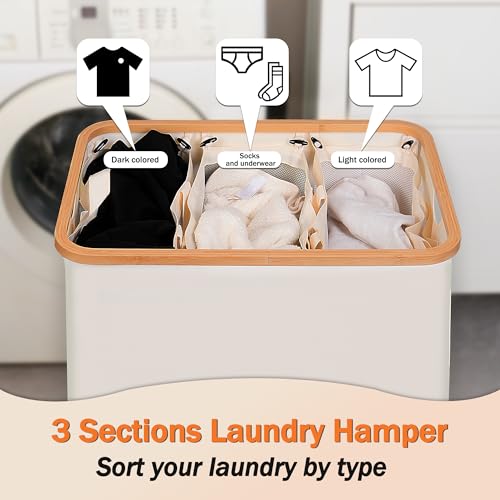 efluky Laundry Hamper with Lid, Trio Laundry Basket with 2 Removable Bags, 3 Section Laundry Bin with Bamboo Handles for Bathroom, Bedroom & Laundry Room, 160L (42.3 Gallon) Beige - color: Beige, size: 160L Trio