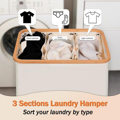 efluky Laundry Hamper with Lid, Trio Laundry Basket with 2 Removable Bags, 3 Section Laundry Bin with Bamboo Handles for Bathroom, Bedroom & Laundry Room, 160L (42.3 Gallon) Beige - color: Beige, size: 160L Trio
