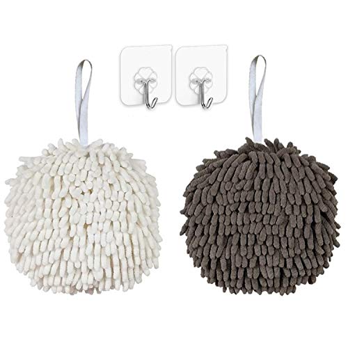 Chenille Hand Towels 2-Pack Super Absorbent Quick Dry Microfiber Bathroom & Kitchen Towels with Hanging Loops, Decorative Fuzzy Ball Hand Towel (Grey + White) - color: Grey+white
