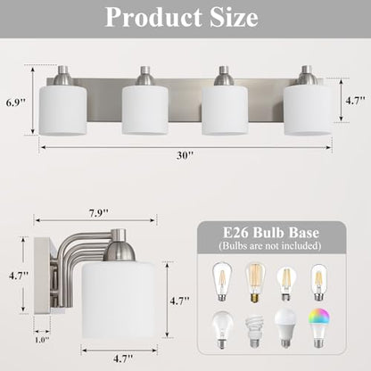 Mecgirn Stainless Steel Milk Glass Bathroom Vanity Light Over Mirror, 4 Light Brushed Nickel Bathroom Light Fixtures with Frosted Glass, Modern Vanity Lighting Wall Mount - color: Brushed Nickel, size: 4 Light